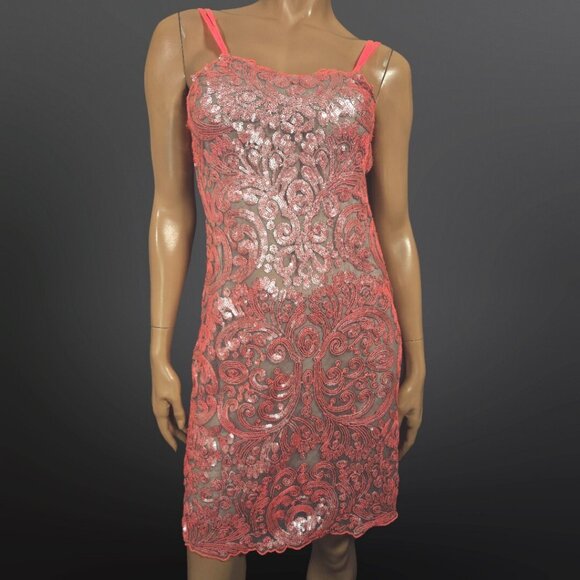 Y2K Sequin Mesh Overlay Slip Dress Fairy Prom Party Cocktail size S Vivid Coral - Picture 1 of 9